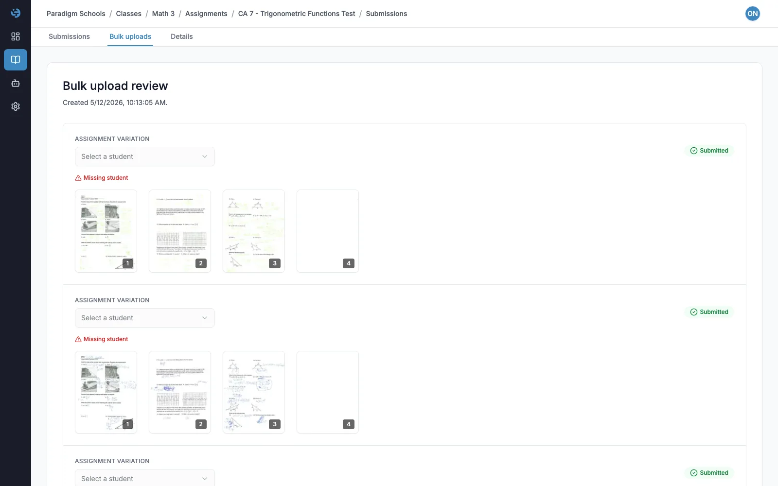 Edundy bulk upload review screen matching scanned student submissions