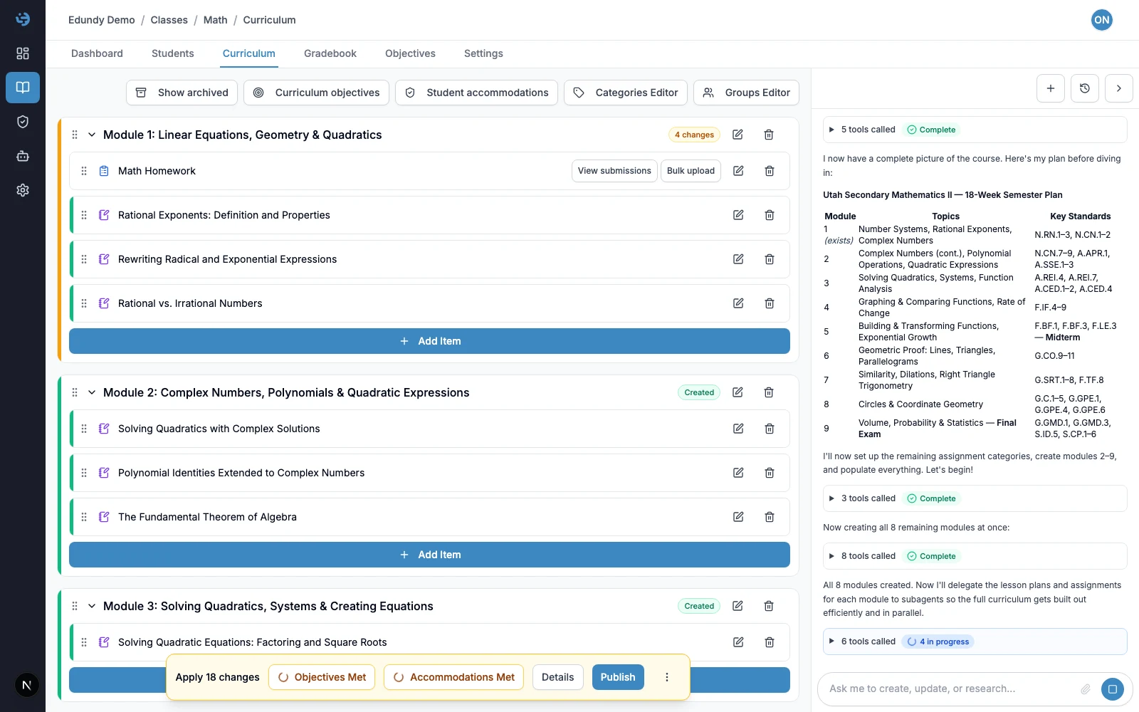 Edundy curriculum planning screen with objective alignment