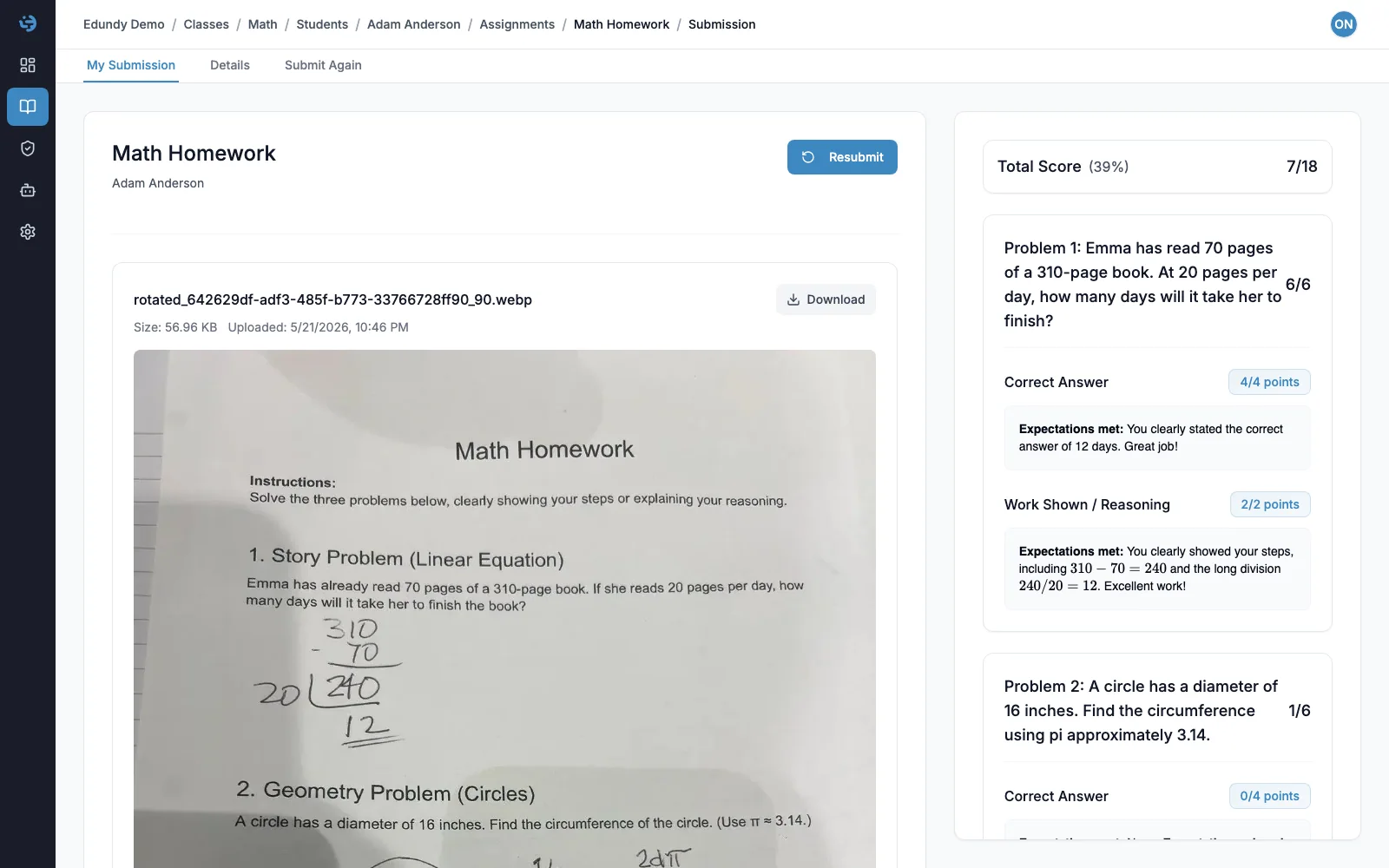 Edundy grading feedback view with scanned student work and personalized feedback